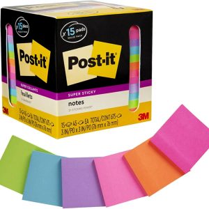 Post-it Super Sticky Notes, Assorted Bright Colors, 3x3 in, 15 Pads/Pack, 45 Sheets/Pad, 2x the Sticking Power, Recyclable, Multi-color