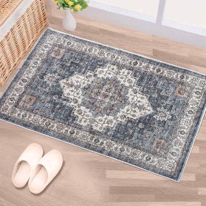 Vintage Area Rug, 2x3 Washable Rugs for Living Room Bedroom Entryway Indoor Door mat, Distressed Boho Country Accent Rugs, Thin Low-Pile Floor Carpet for Kids Pet (Navy/Brown)